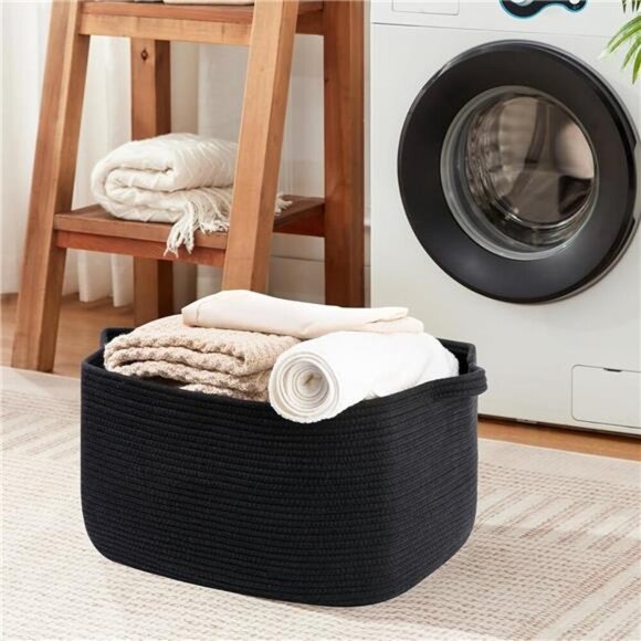 Large Black Woven Blanket Basket Cotton Rope Storage Bin for Toys Towels Laundry - Picture 6 of 8